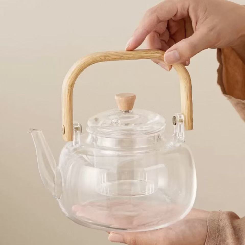 Y3103-家用热水壶手工吹制多功能复古欧式耐热玻璃壶提梁壶茶具