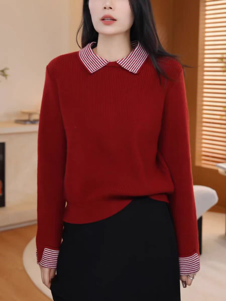 【红方领】撞色假两件polo翻领针织衫女秋冬老钱风修身内搭