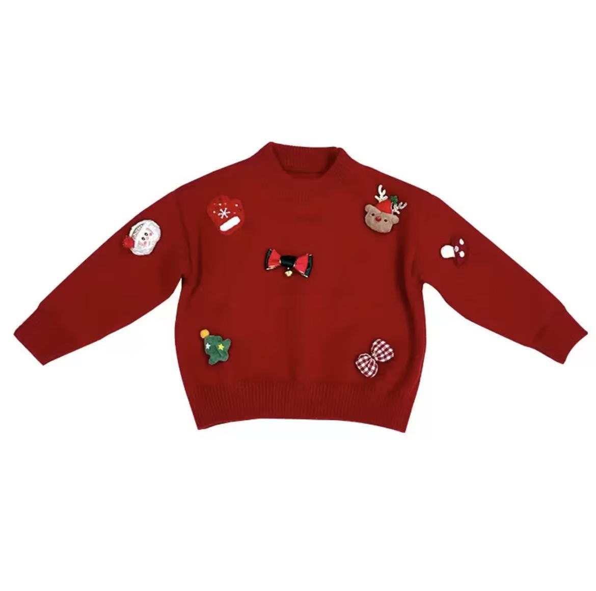 【柔暖织心】卡通圣诞风圆领针织衫毛衣冬季新款红色套头上衣【290】