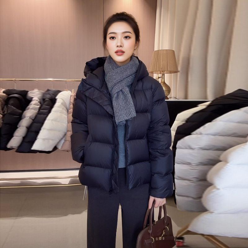 【喜歌】连帽拉链白鹅绒收腰短款羽绒服女2025冬修身加厚白鹅绒外套