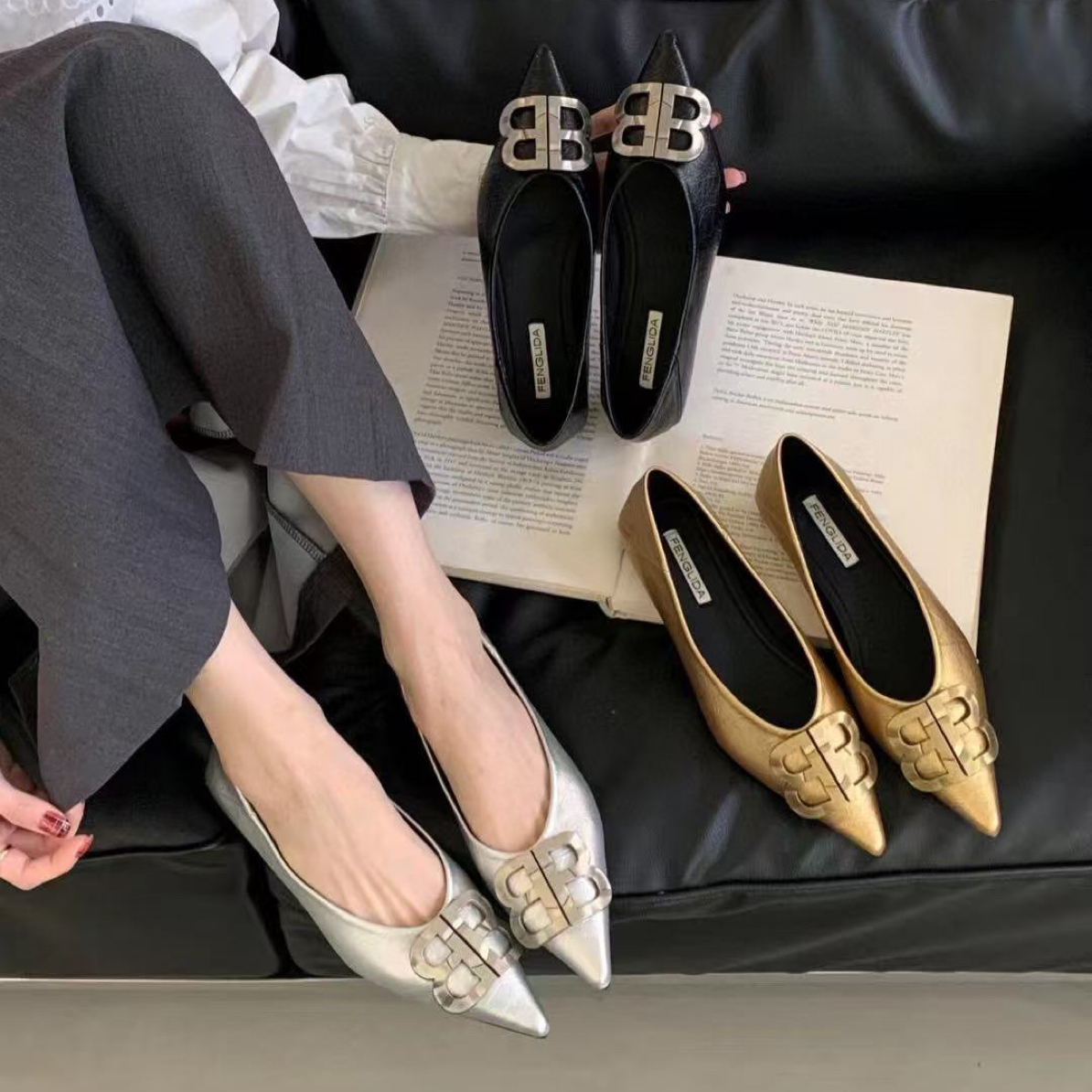 F 20-2 欧美风金属扣名媛设计感气质尖头秋冬新款浅口单鞋
