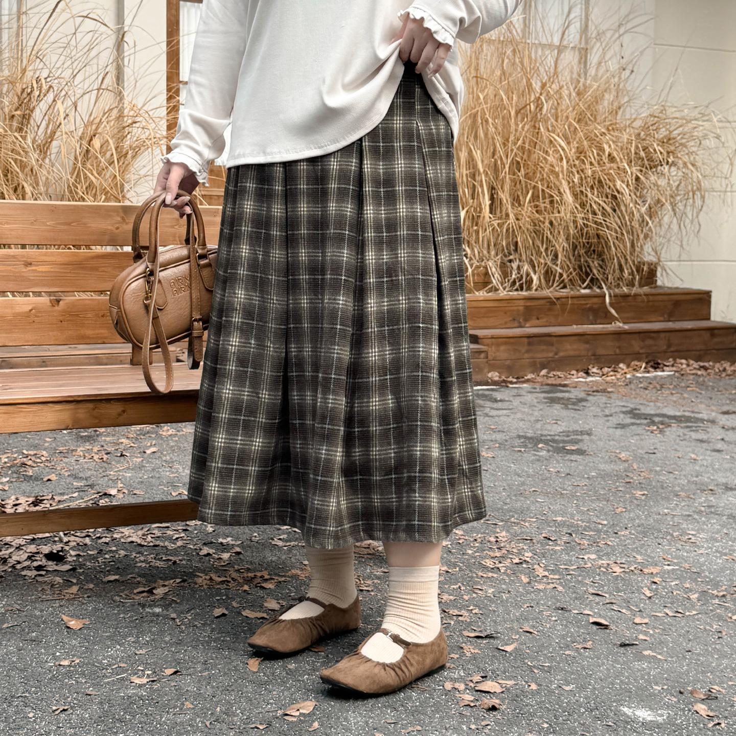 DC8559大码女装【格纹磨毛半裙】秋冬季胖mm复古高腰宽松格子半身裙