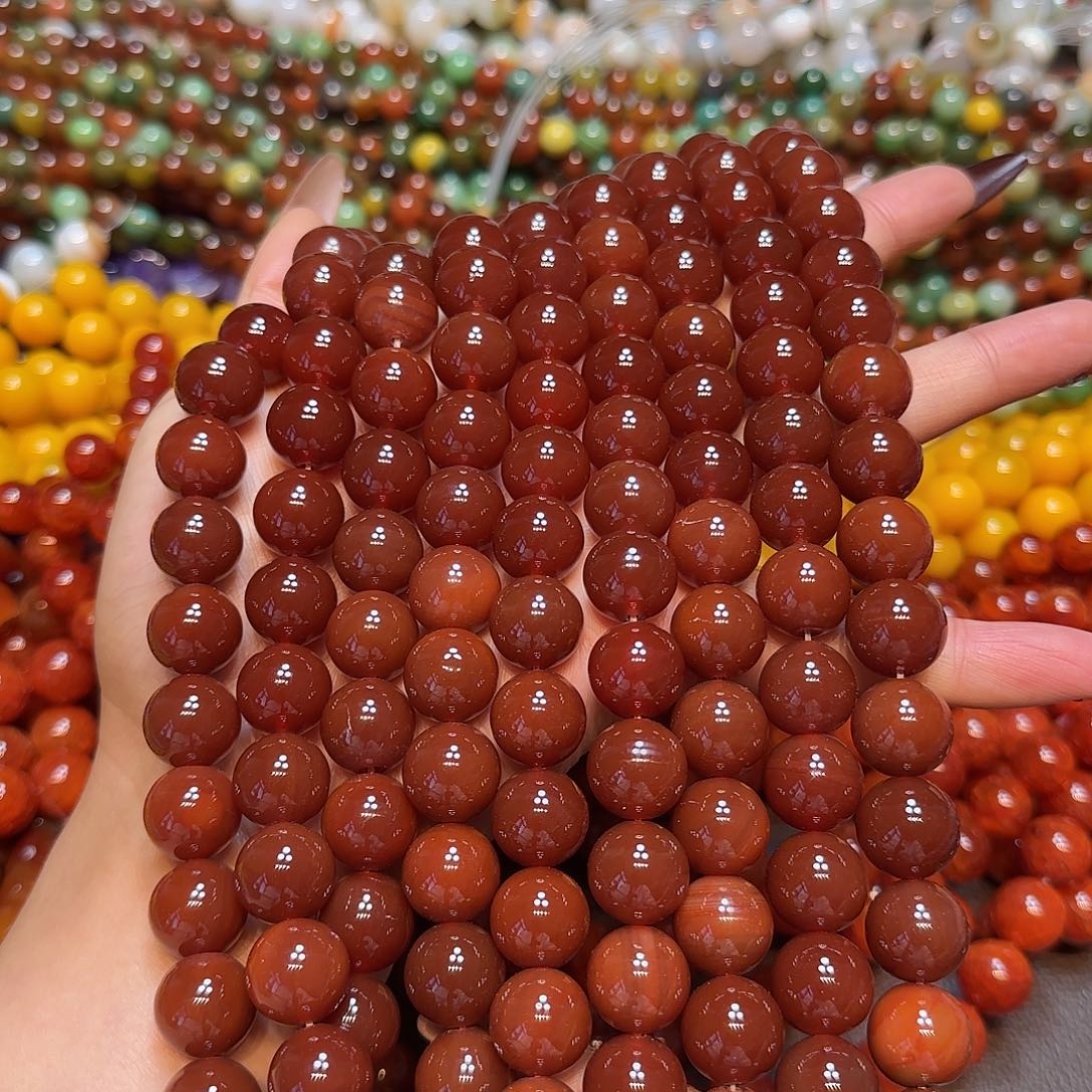 玛瑙/玉髓未镶嵌珠宝半成品天然南红色红玛瑙14mm一条