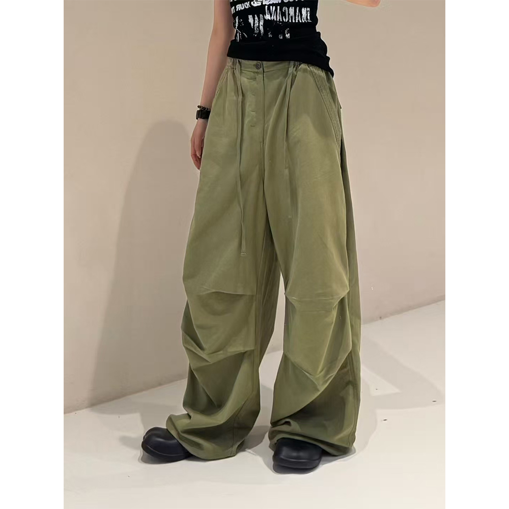 动感少女高腰抽绳2025夏季水洗褶皱宽松阔腿工装直筒长裤