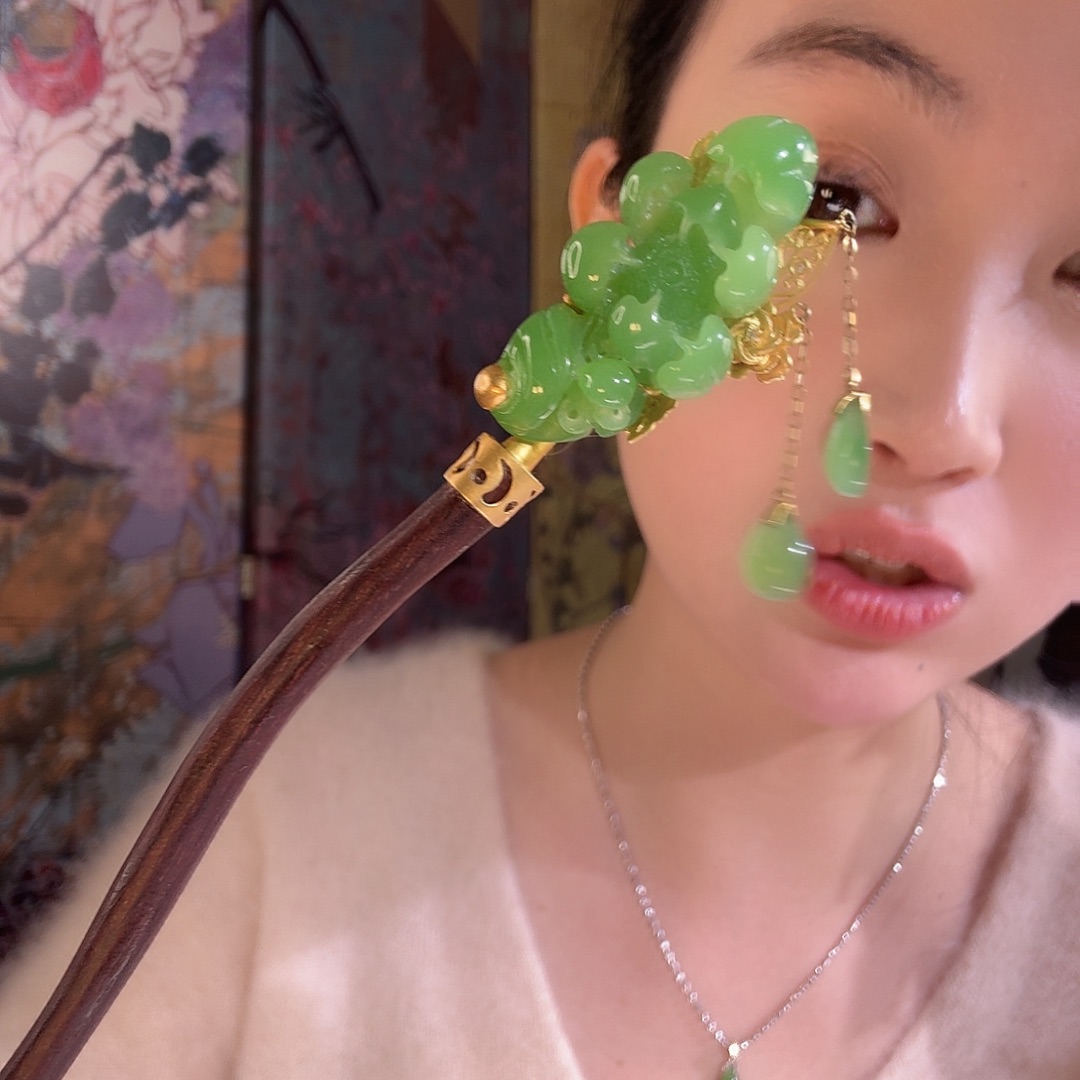 和田玉18K金镶嵌发饰