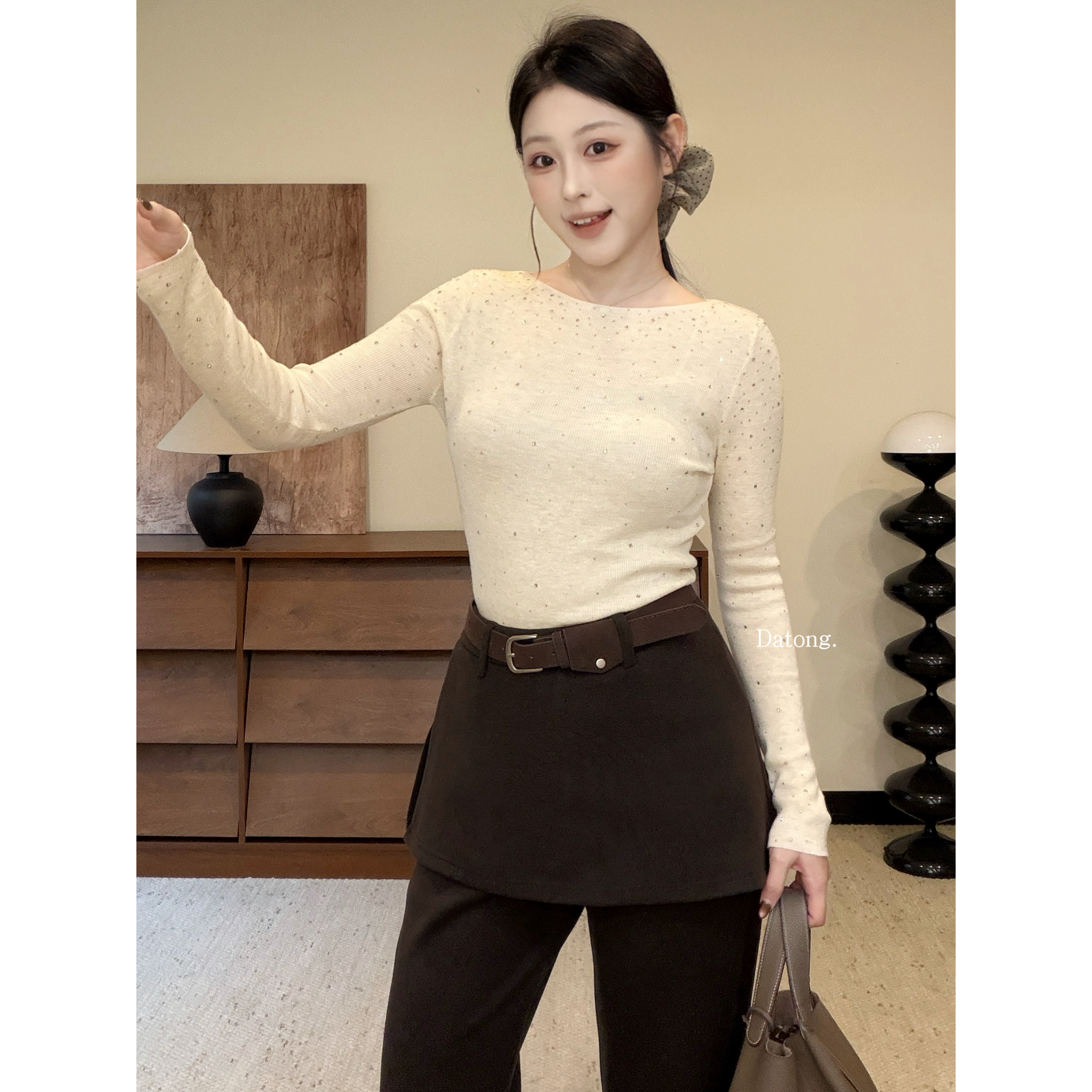 【Datong】重工闪钻针织长袖t恤女秋冬巨好看修身显瘦打底衫上衣