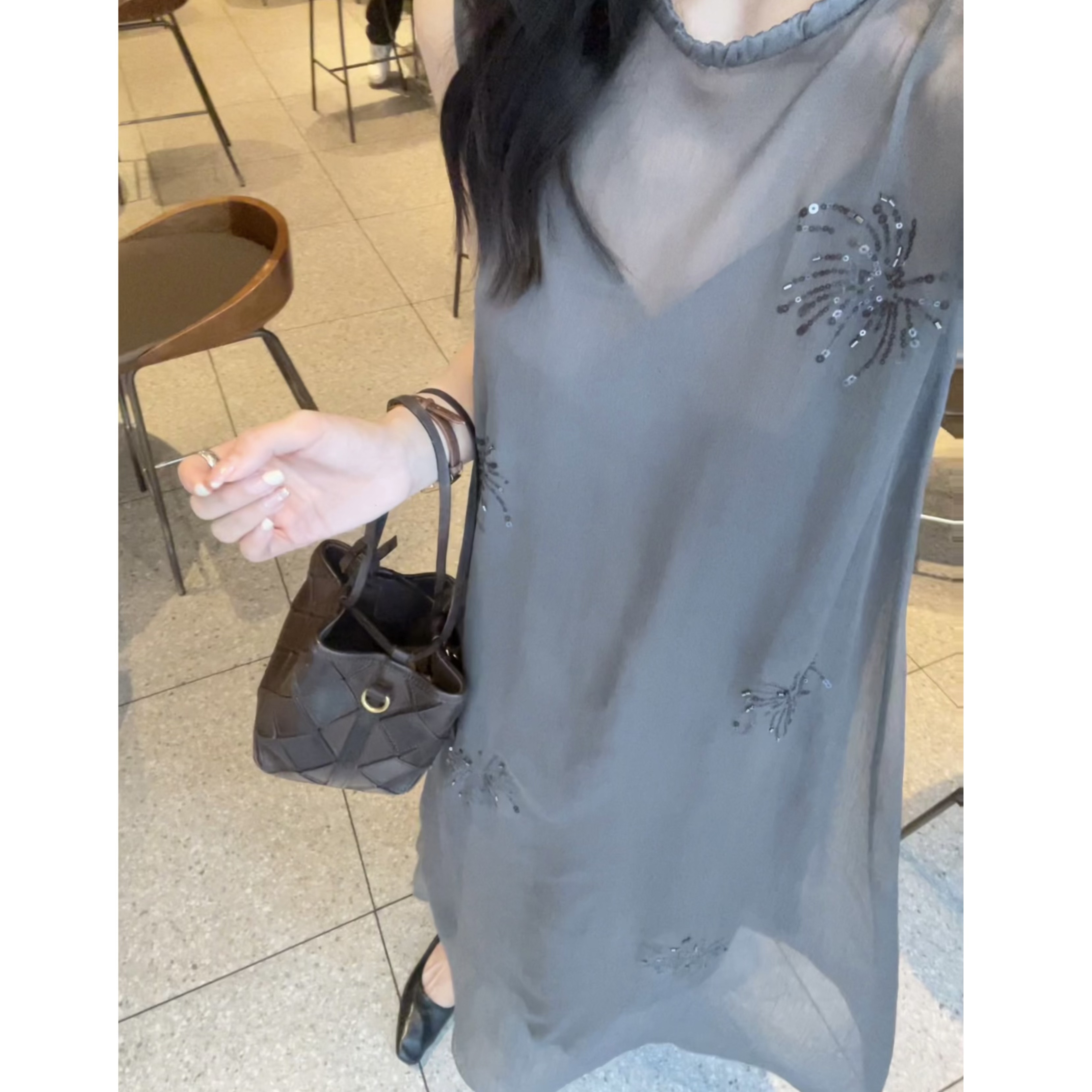 FAR ZOOM  手工烟花钉珠透感薄纱双层真两件无袖连衣裙