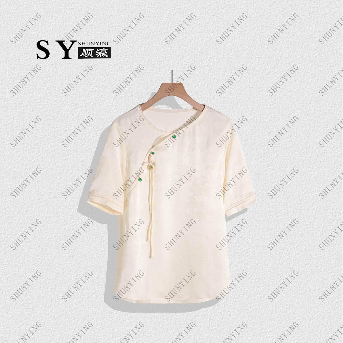 顺瀛【温柔花海】新中式气质吊坠国风提花斜边短袖衬衫SY62C8962
