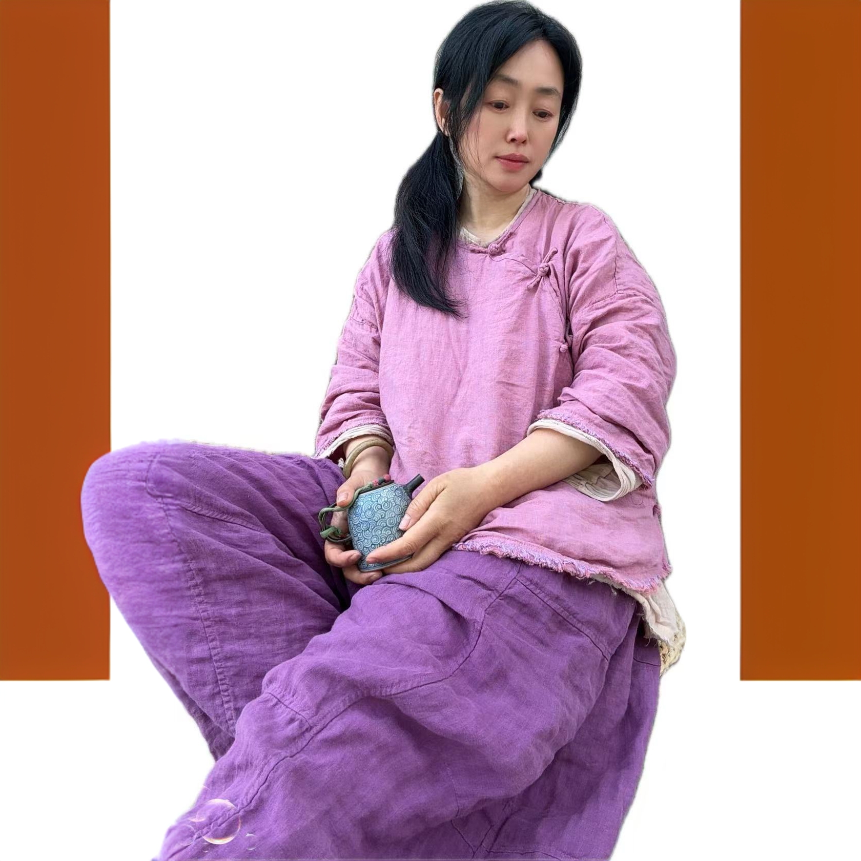 4421高品质色织亚麻传统手缝盘扣国风中袖茶服复古上衣女装衬衫