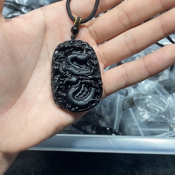 你***人黑曜岩合金颈饰黑曜石龙牌