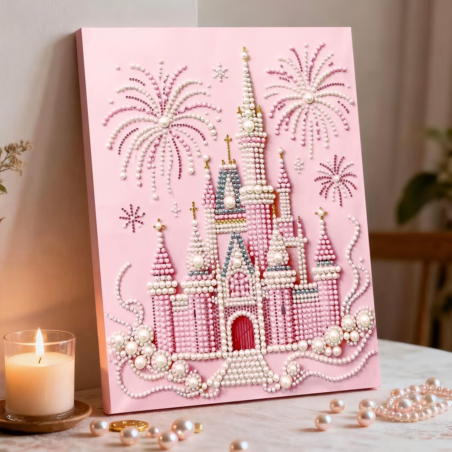 粉色城堡珍珠画diy点钻石画荷花葡萄粉财神手工创意礼物装饰画框
