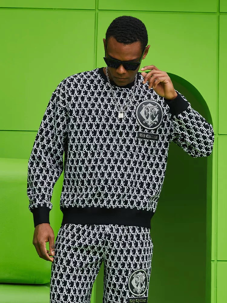 TCH潮牌卫衣烫钻logo老花春季新男女黑白圆领衫T69A116046