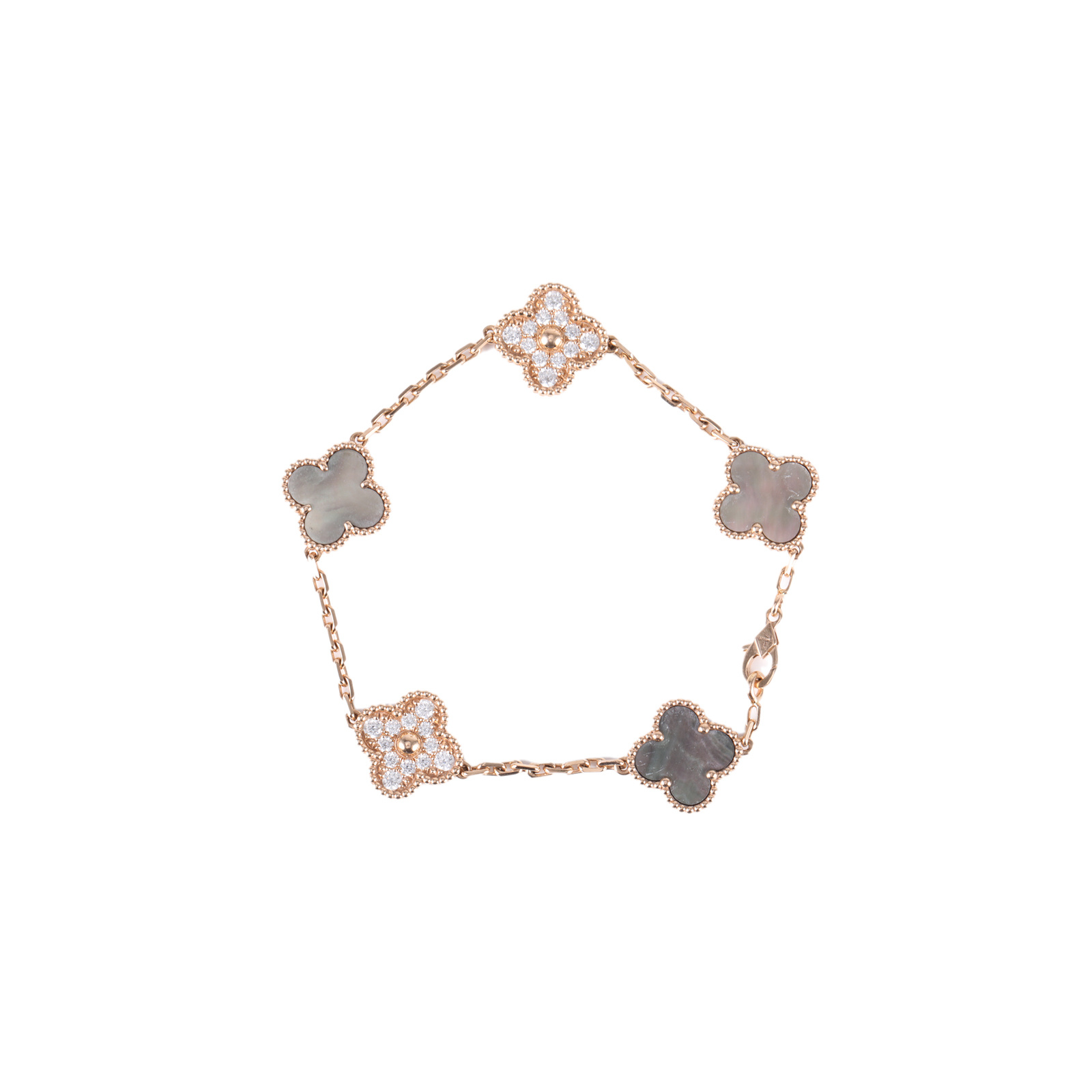 99新 梵克雅宝 小花6花 中号五花手链18K玫瑰金钻石灰贝母 S-M码 