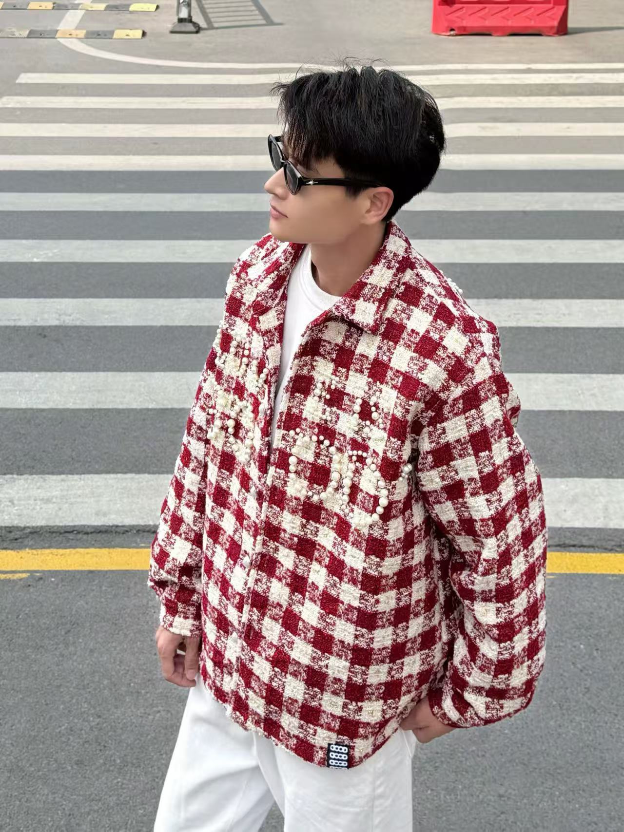 小香风GD时尚潮流百搭格纹珍珠长袖衬衫男女同款