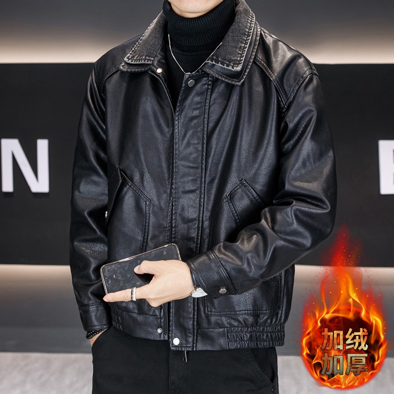 2025冬装新款加绒加厚皮衣外套男士机车男士皮夹克保暖外套