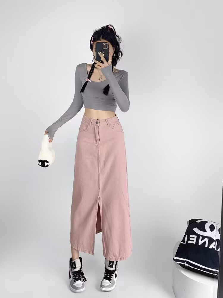 粉色少女来~前开叉高腰牛仔半身裙