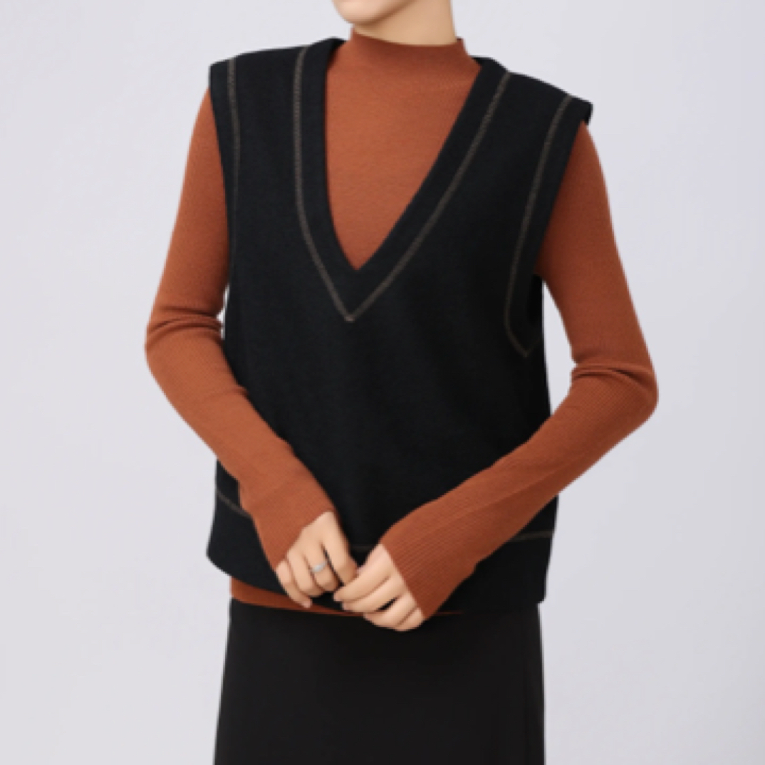 GIRDEAR/哥弟女装秋冬时尚百搭极简风大V领千鸟格套头马甲1301066