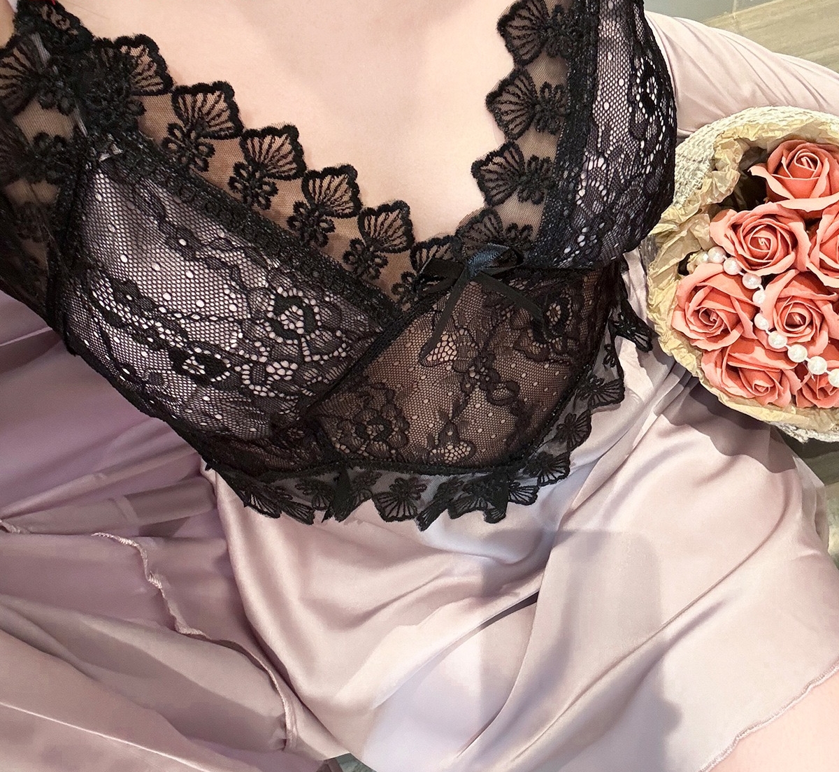 【绡夏】蕾丝诱惑显瘦冰丝睡裙套装性感吊带带胸垫睡衣春夏家居服
