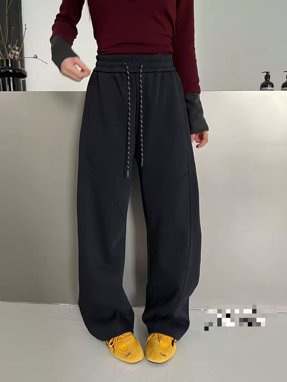 2538#冬季松紧腰弯刀阔腿裤简约香蕉裤显瘦女长卫裤