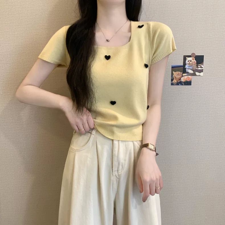 短款方领短袖T恤洋气夏季显瘦小众百搭韩版针织衫打底薄款上衣女