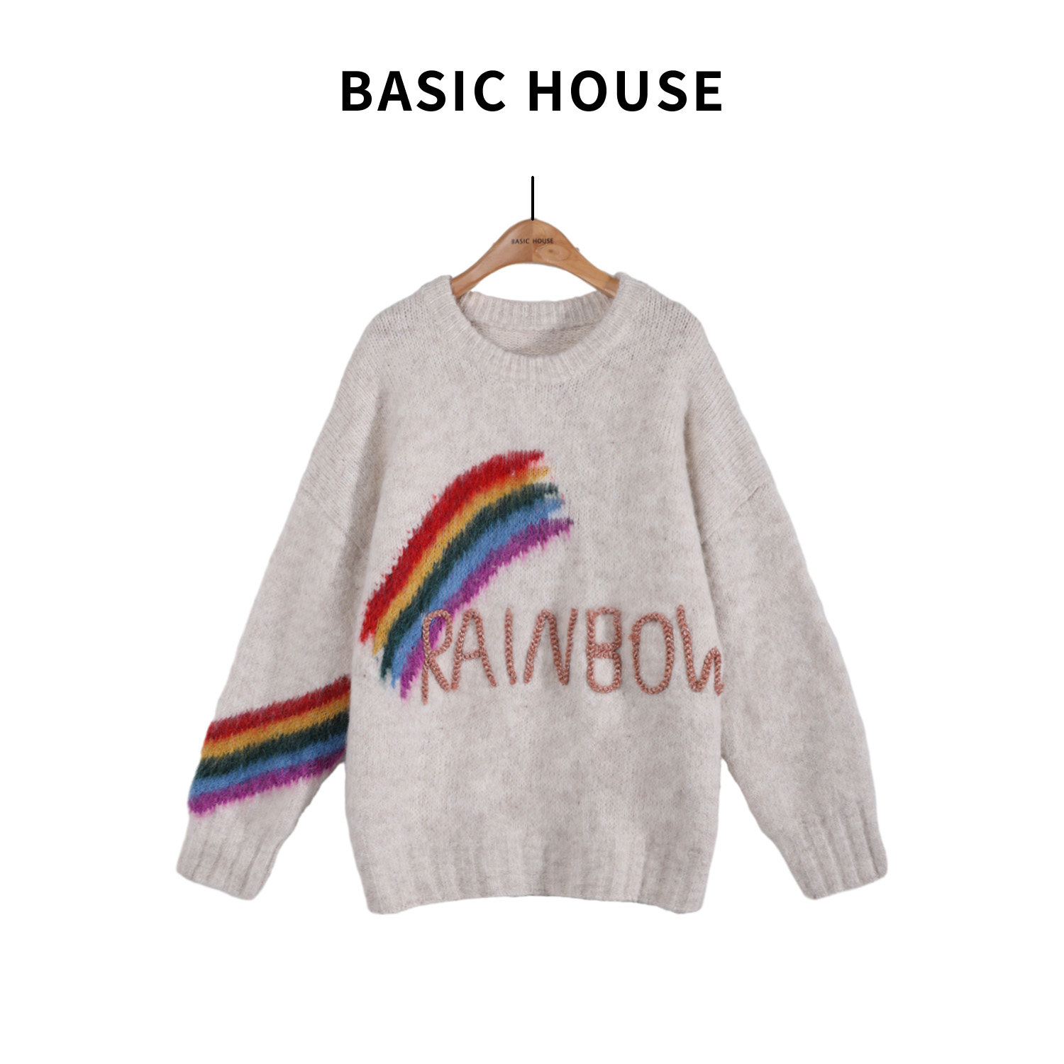 Basic House/百家好宽松彩虹百搭慵懒风ins提花毛衣B1385B52W32