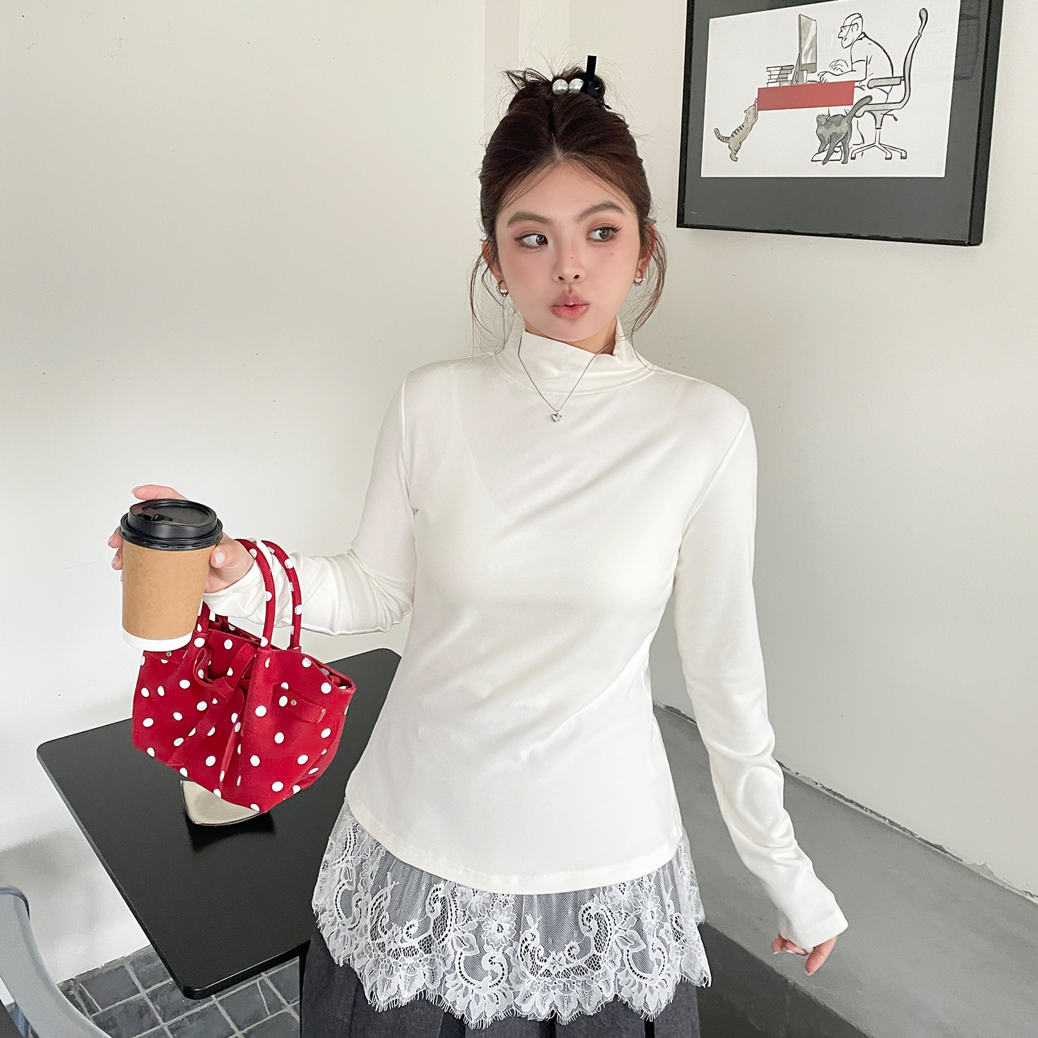 大码2025新款胖mm绝美冬装内搭漂亮蕾丝花边德绒高领打底衫t恤女