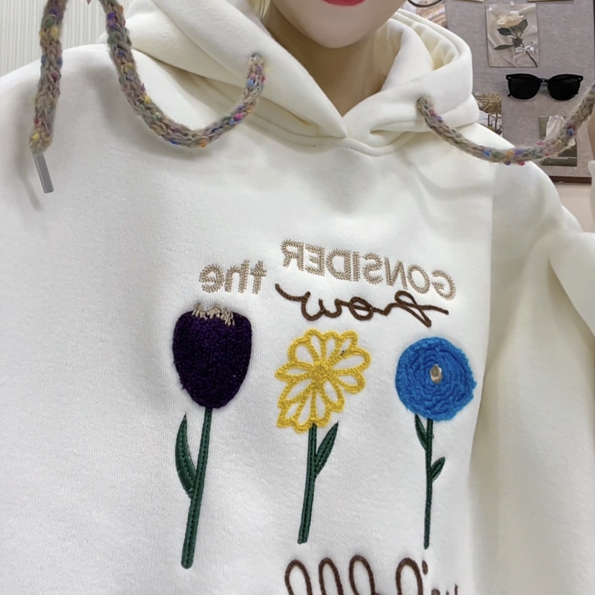 【三朵小花】奥粒绒重工字母刺绣中长款连帽加绒加厚卫衣宽松外套女