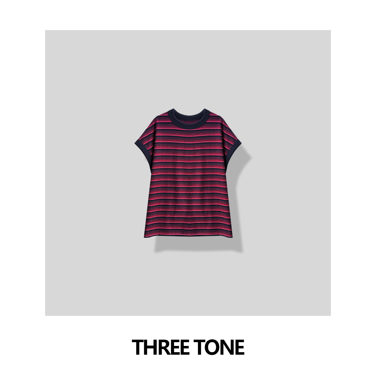 THREE TONE 复古撞色调！小众百搭宽松圆领藏青红条纹T恤短袖女夏