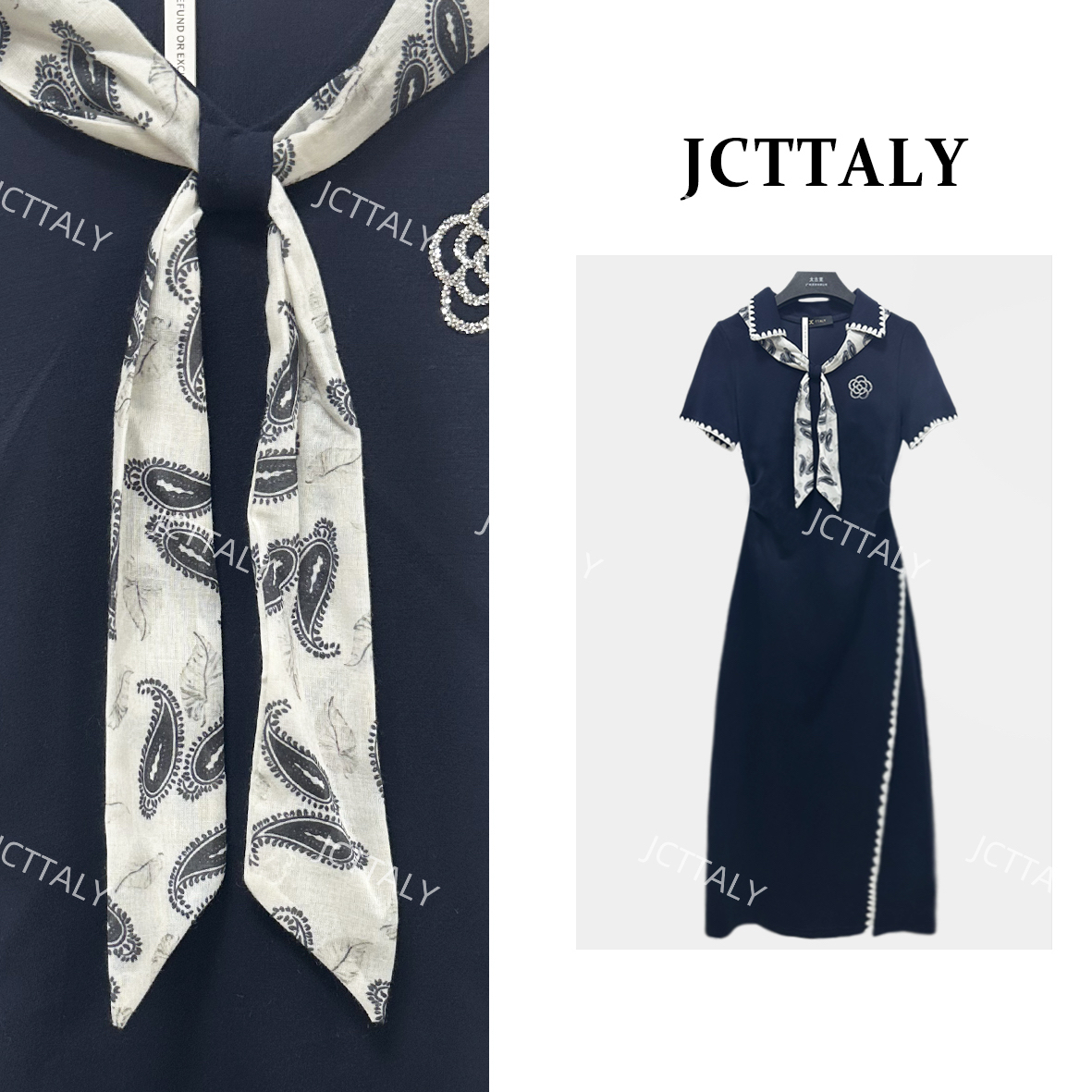 【Linda】夏季设计师V领带领带复古气质时尚连衣裙NH-A264