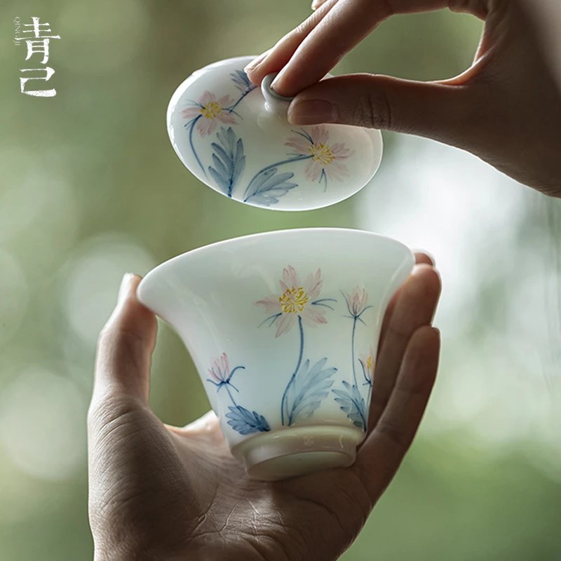 明知山志原矿玉泥西子蓝手绘薄胎淡雅盖碗功夫茶具家用粉韵泡茶碗