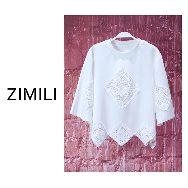 【子秋女装】2025夏季《星光夏夜》蕾丝菱形镂空拼接下摆圆领短袖7939