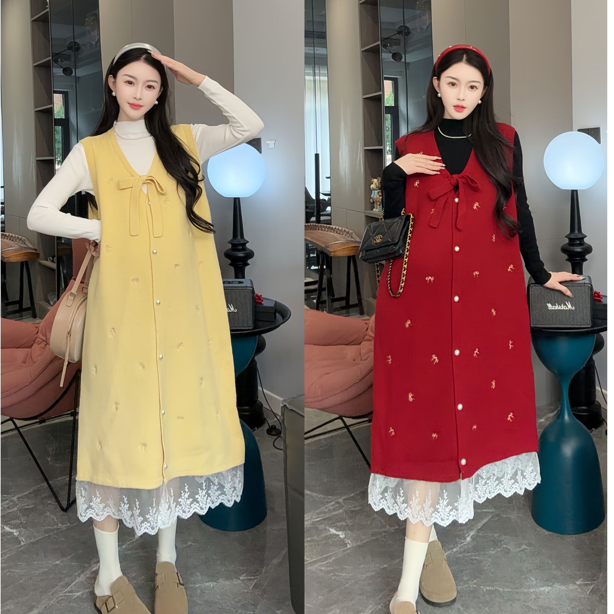 2025年秋冬舒适针织衫+重工刺绣花边拼接甜美针织背心裙孕妈套装