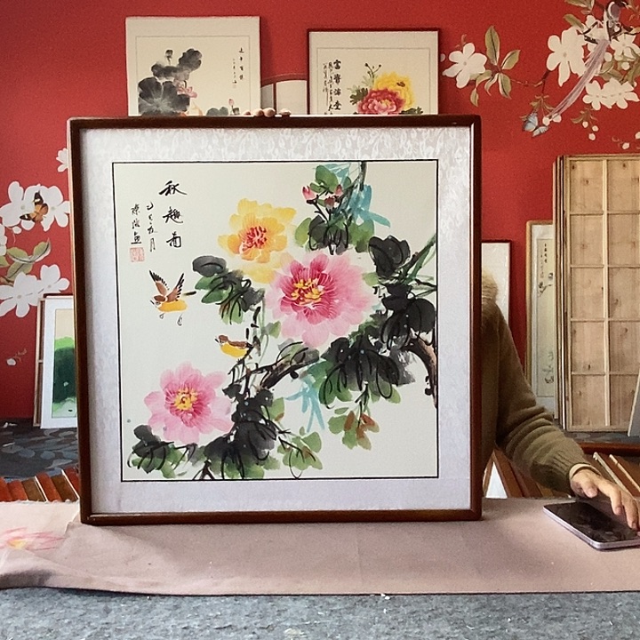 国画手写手绘带框包邮国画作品62✖️62