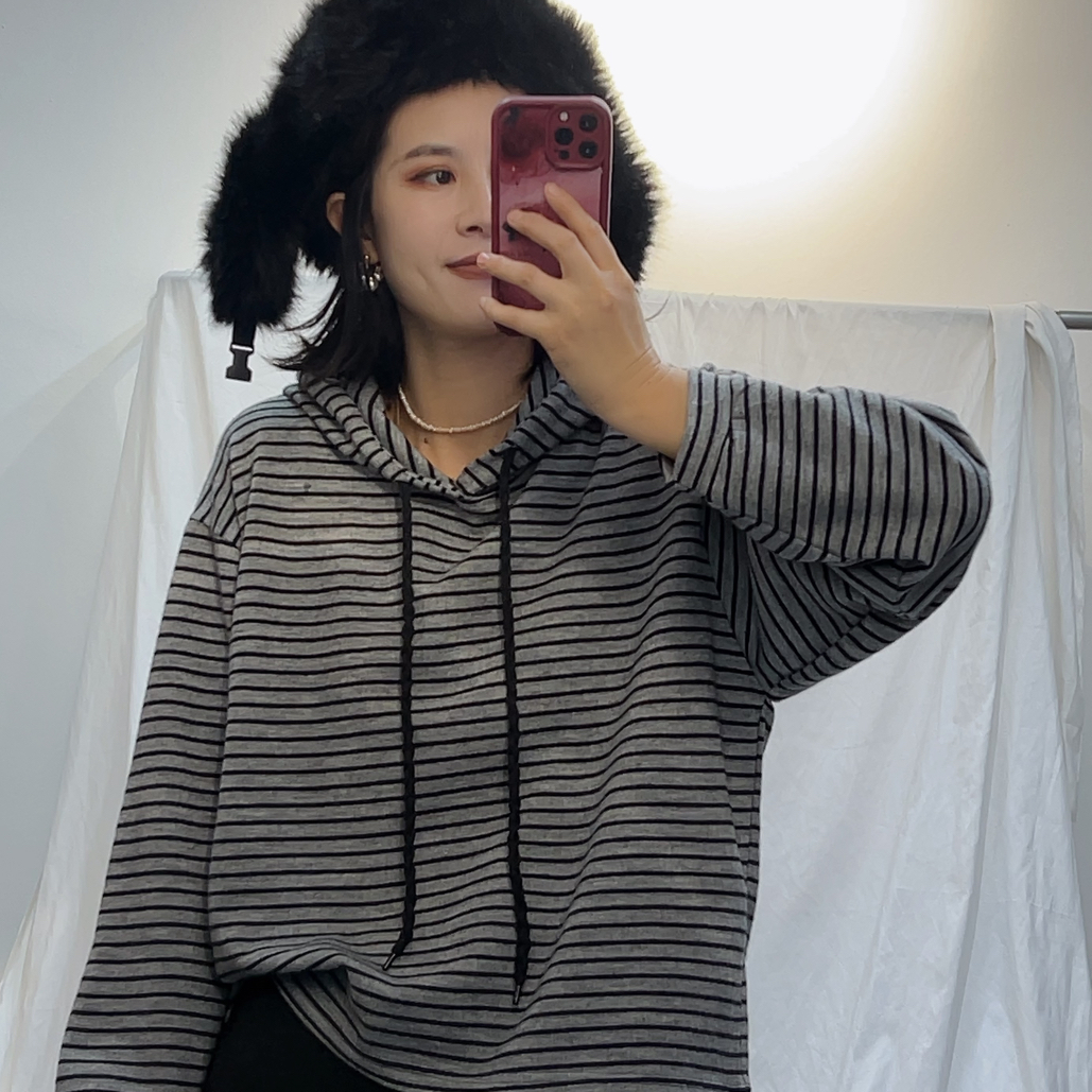 （条纹连帽）针织连帽女秋冬款文艺长袖复古炒色女装卫衣套头衫