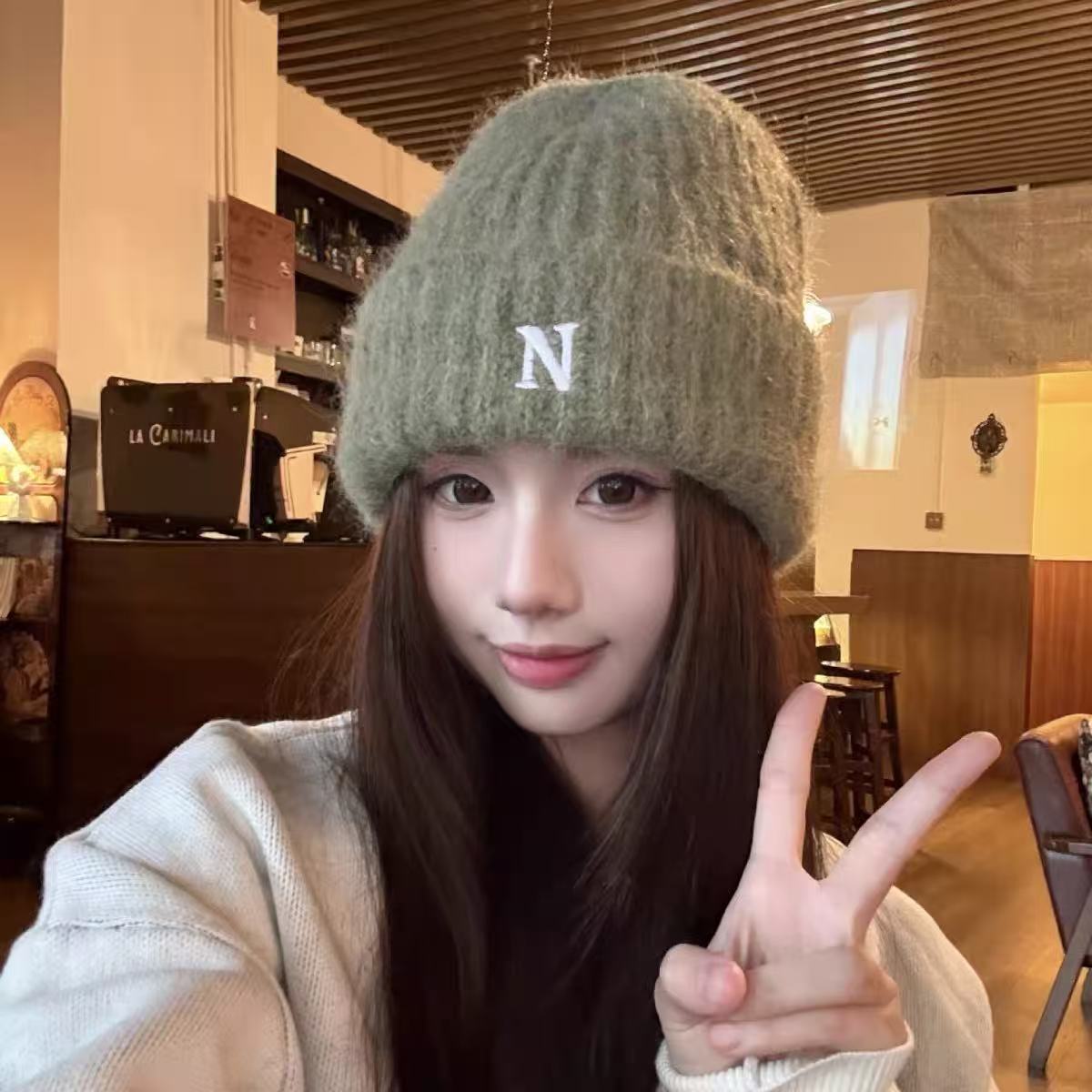 韩版N字母毛线帽子女秋冬季潮牌百搭大头围显脸小保暖情侣针织帽