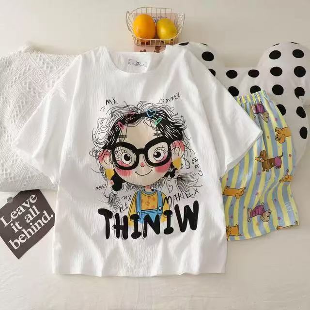 滨莉家【云朵棉带胸垫】韩系卡通短袖家居套装