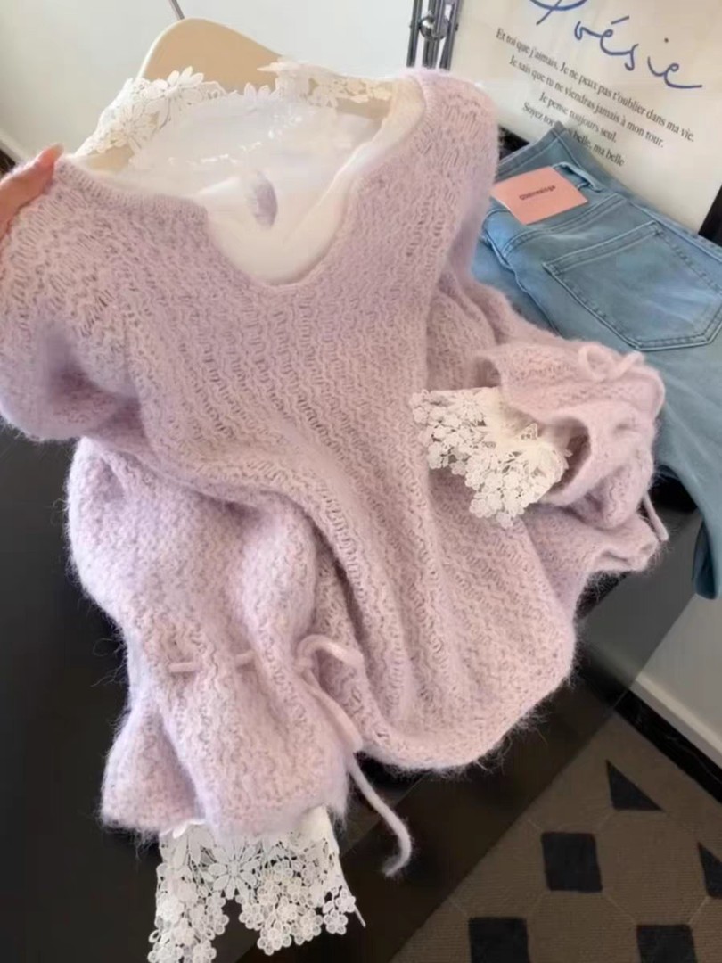  韩系U领软糯温柔粉紫色V领长袖毛针织衫2025新款设计感外穿毛衣