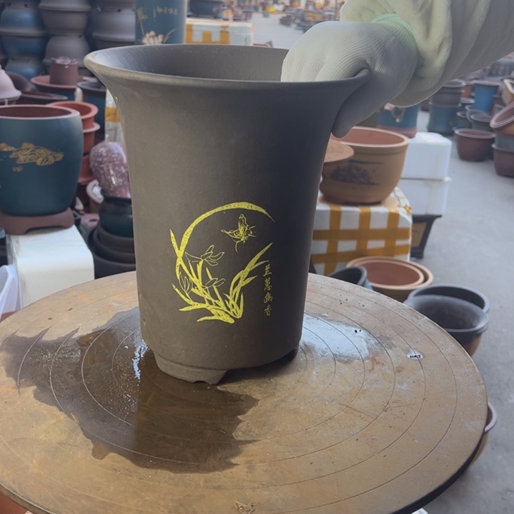 紫砂印金紫泥22兰花盆