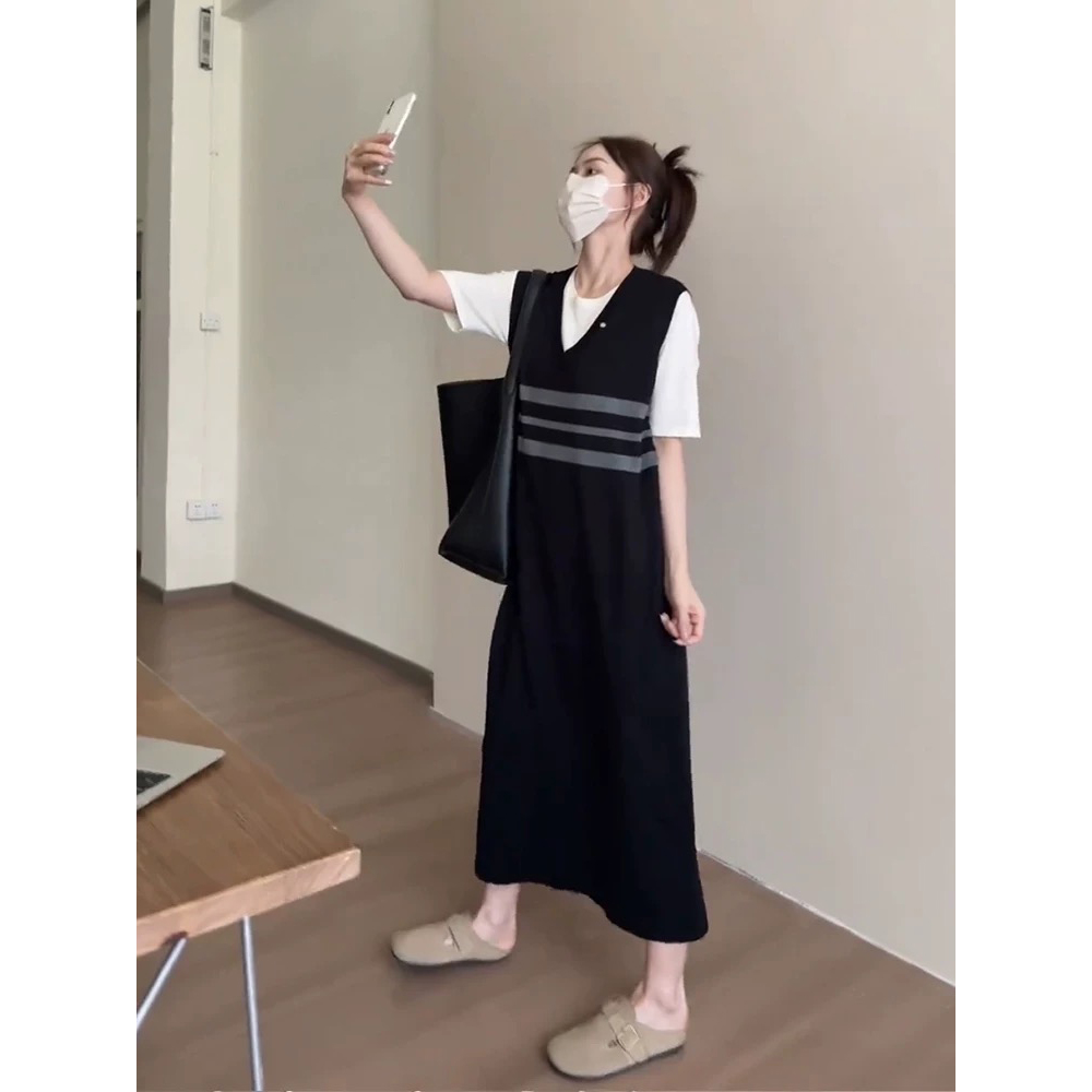 法式慵懒风气质短袖T恤连衣裙女2025夏季新款假两件大码宽松长裙