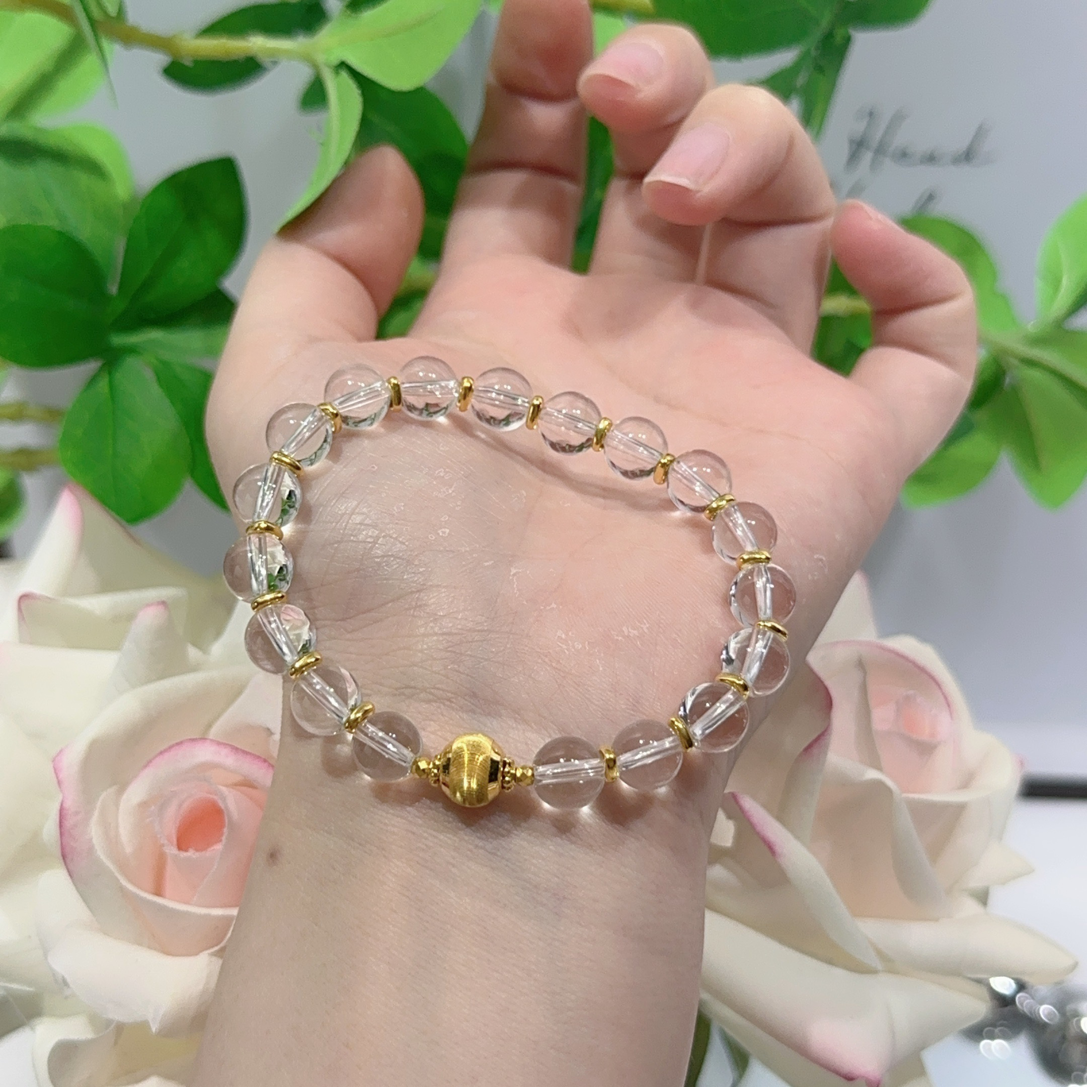 天然白水晶净体真金足金999猫眼隔片蹦迪珠女士精美珠宝饰品