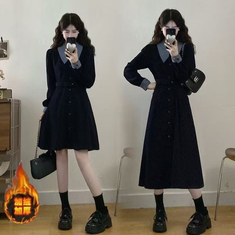 大码女装胖mm法式翻领撞色拼接长袖连衣裙加绒加厚气质显瘦长裙子