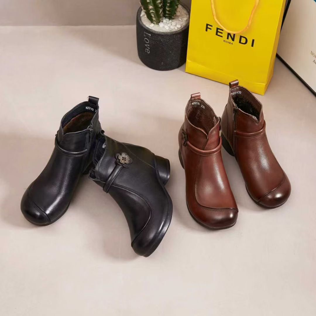 棉6712-5头层牛皮短靴女秋冬复古手工单靴软皮舒适真皮软底妈妈鞋