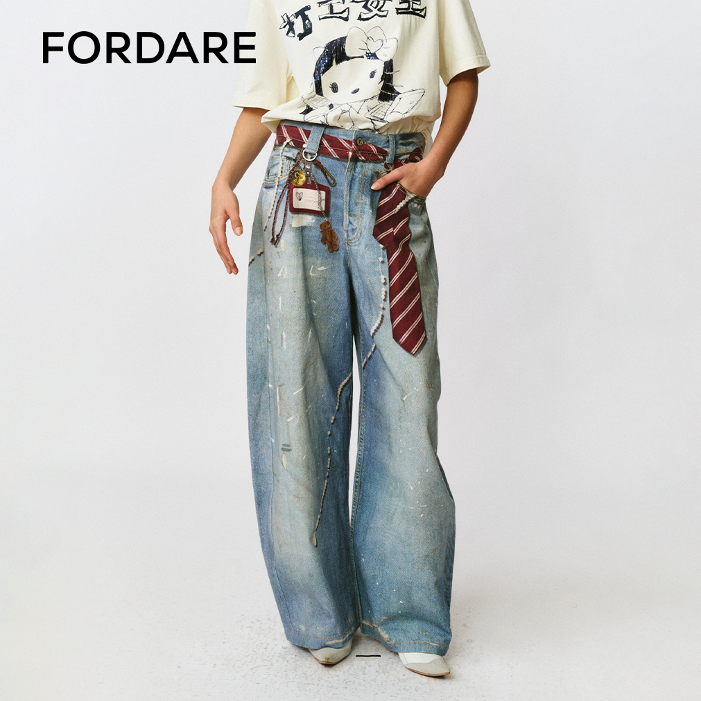 FORDARE福蝶 25早秋新品 领带工牌印花牛仔长裤阔腿牛仔裤1382