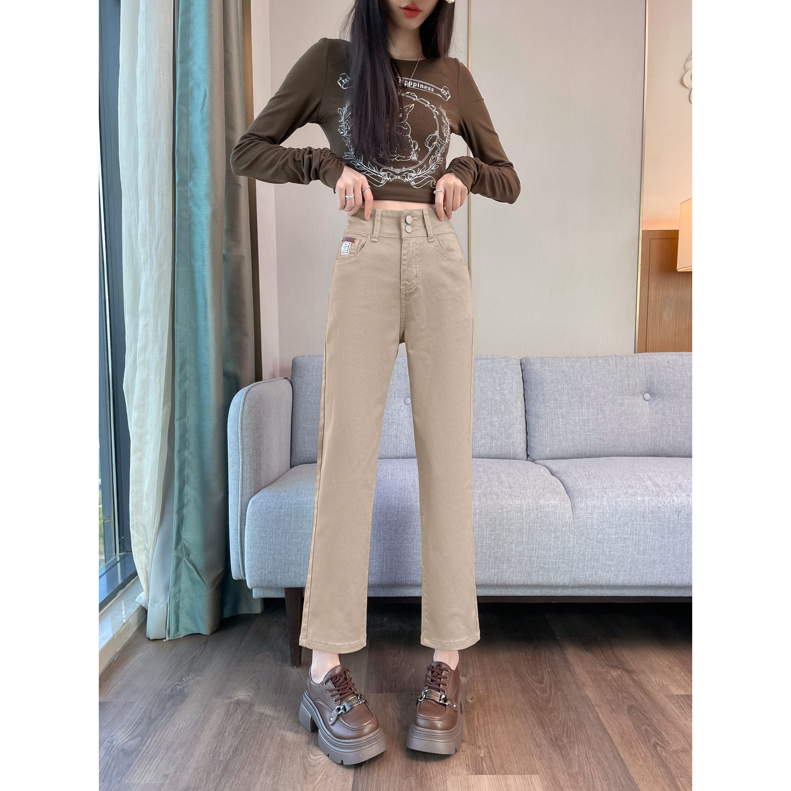 2026新款3172卡其色休闲裤女高腰显瘦直筒烟管裤百搭女裤