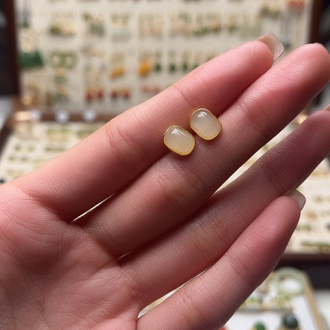 和田玉银S925镀金镶嵌耳饰