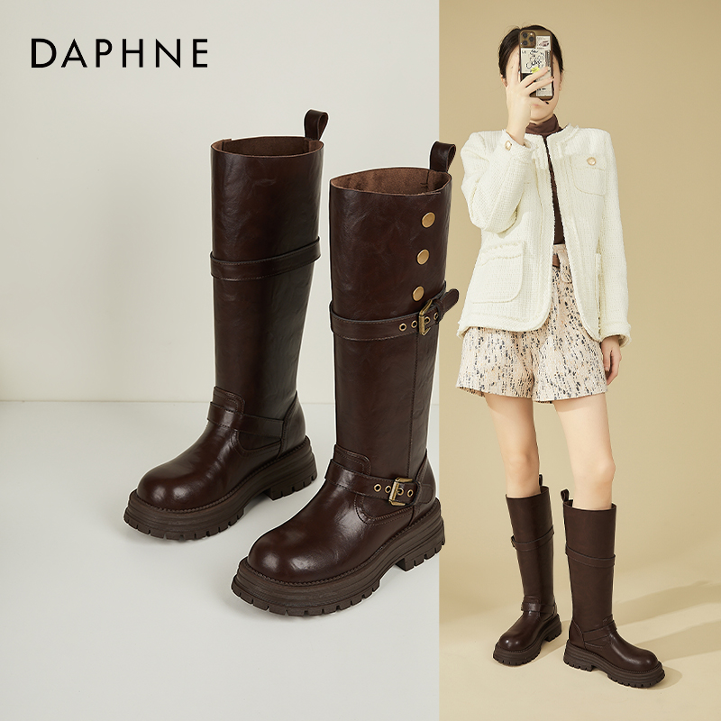 Daphne/达芙妮棕色帅气骑士靴女厚底不过膝长筒靴百搭显瘦高筒靴