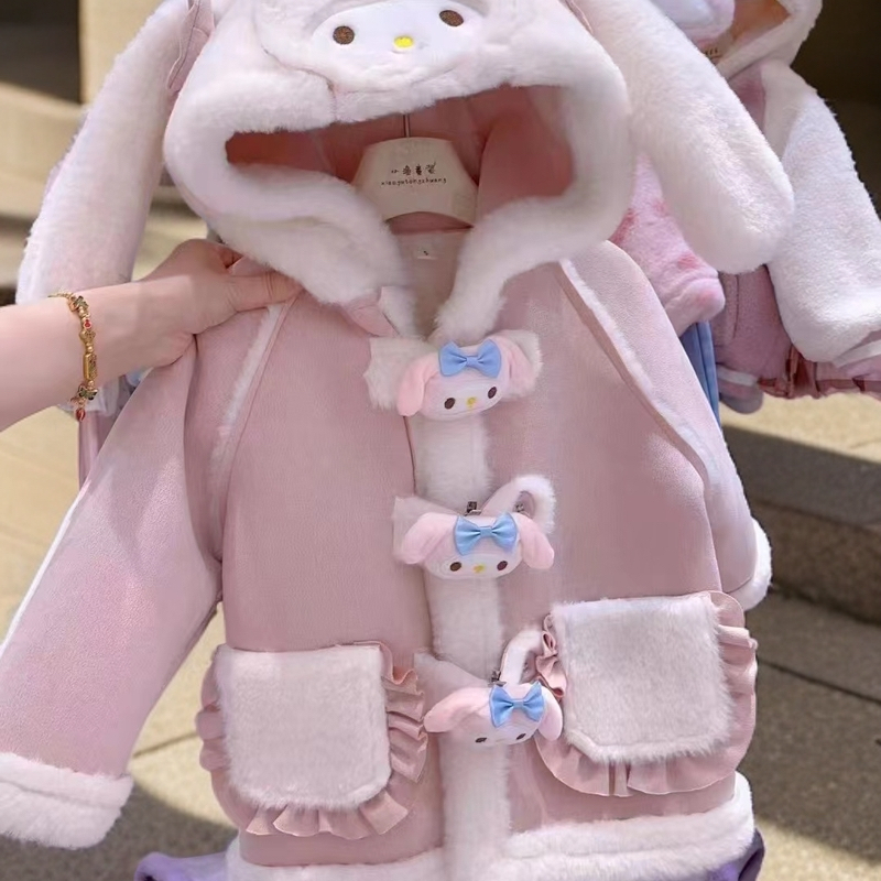 2025年冬季纯色卡通动漫外套毛绒韩版女童加绒加厚保暖甜美外套