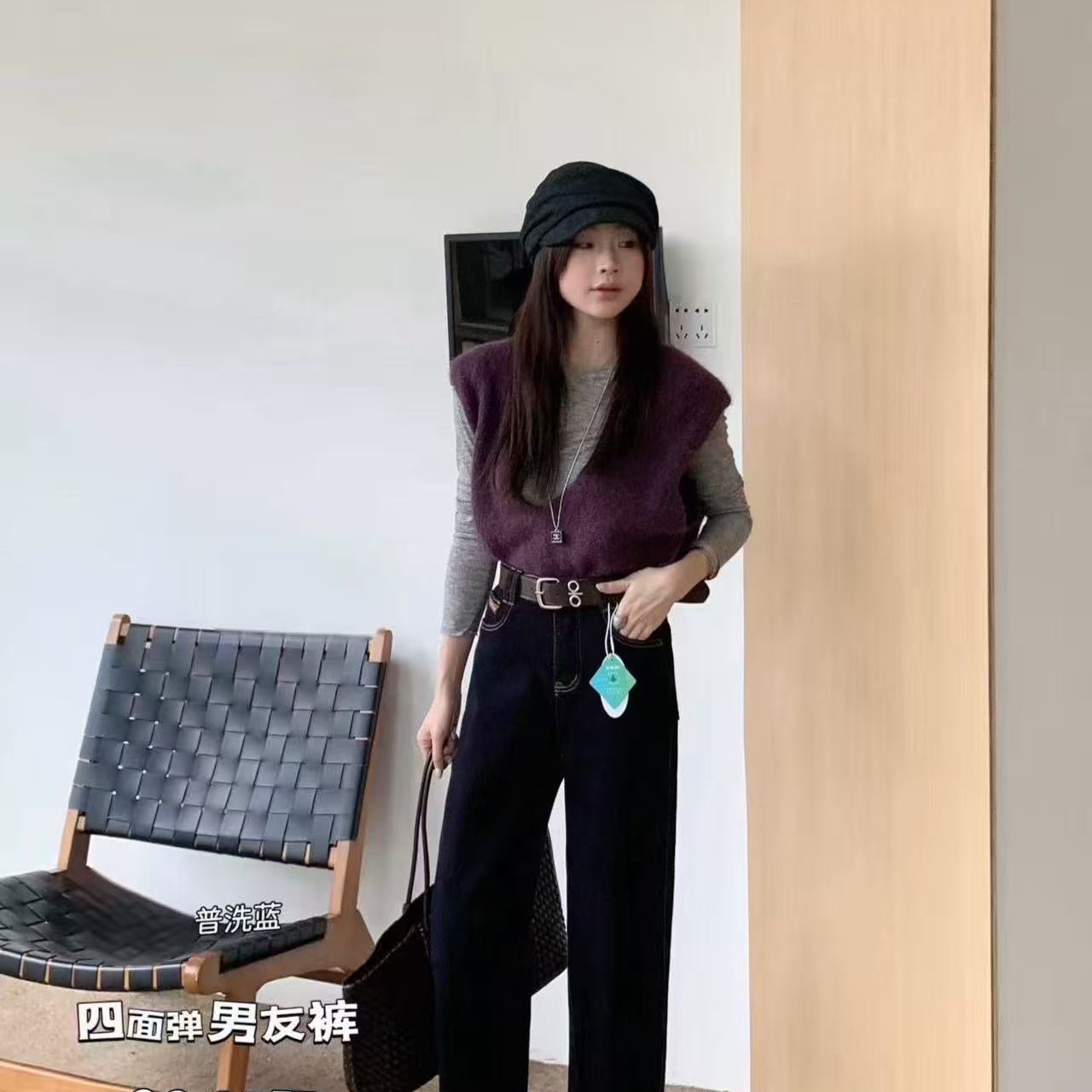 秋款窄版男友裤普洗蓝高腰显瘦