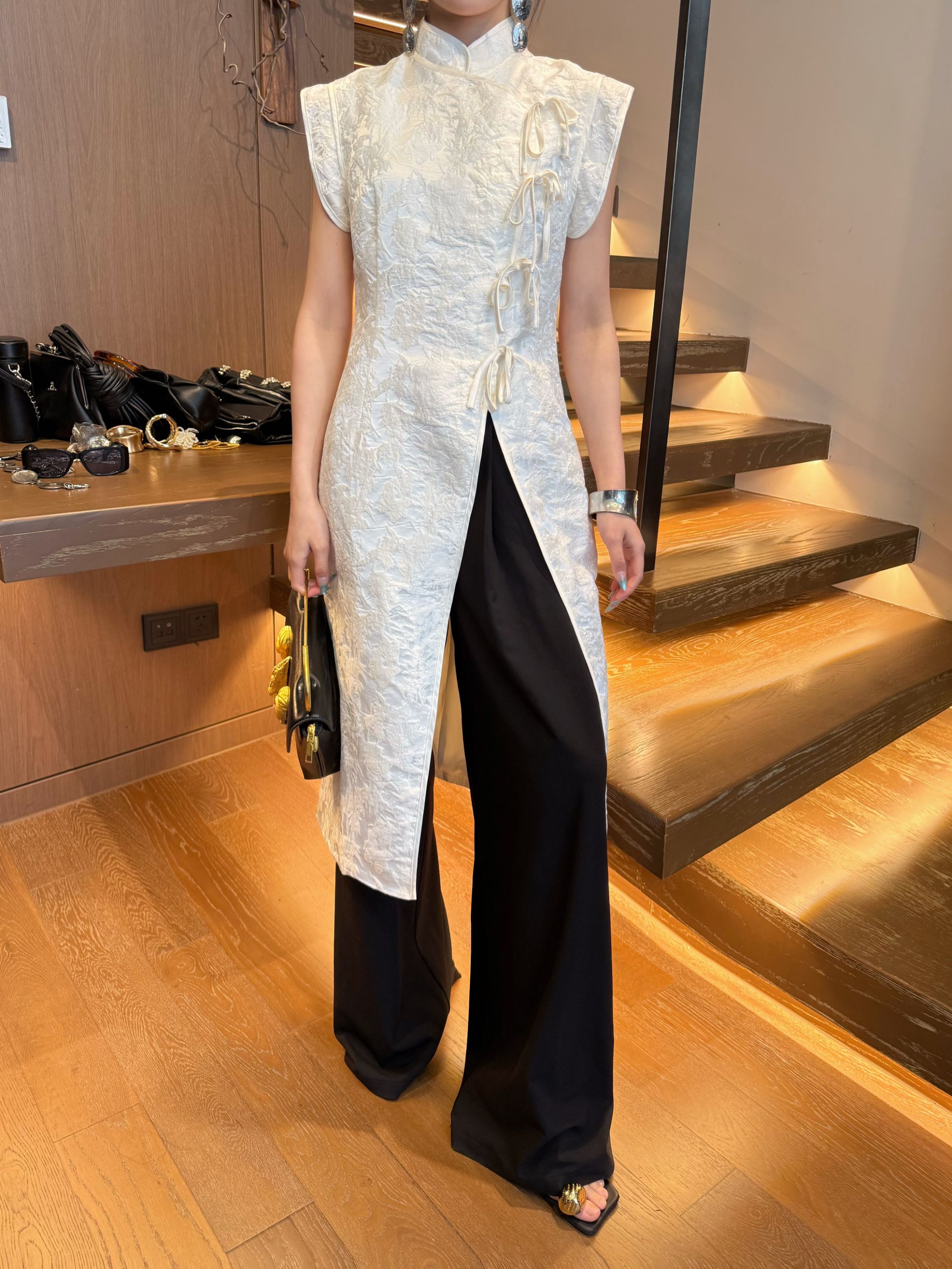 概曲GaiQu“江南花坊”设计师款提花修身国风新中式斜襟长款马甲