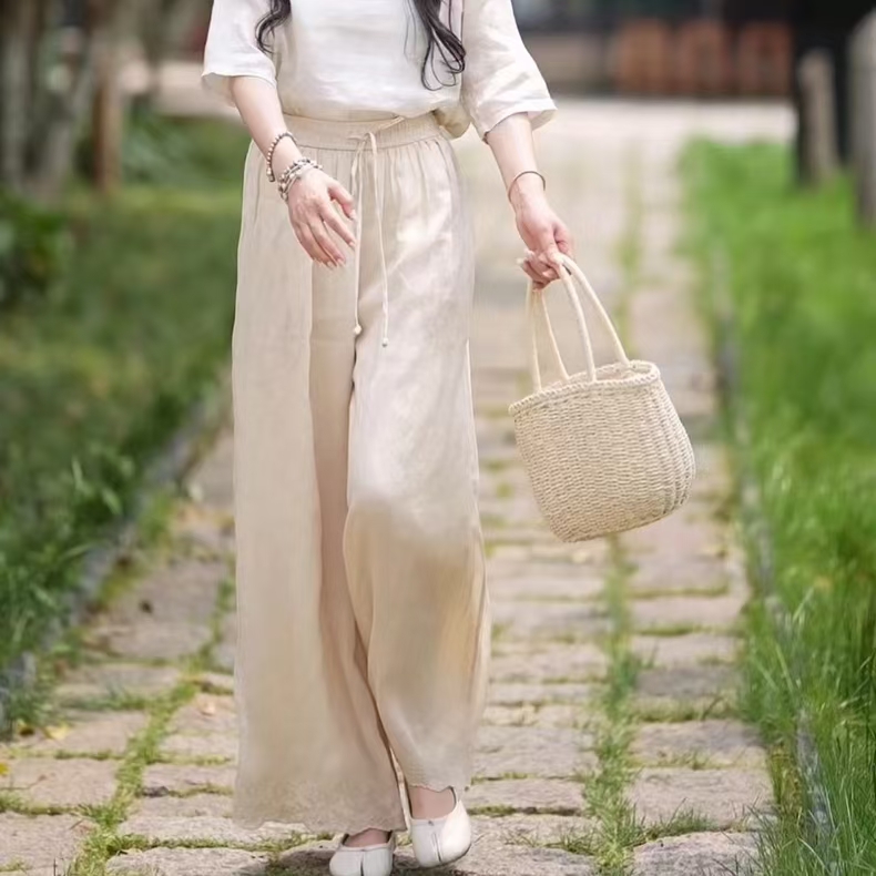 2025夏新款中国风文艺复古绣花双层松紧腰休闲阔腿裤女夏季宽松